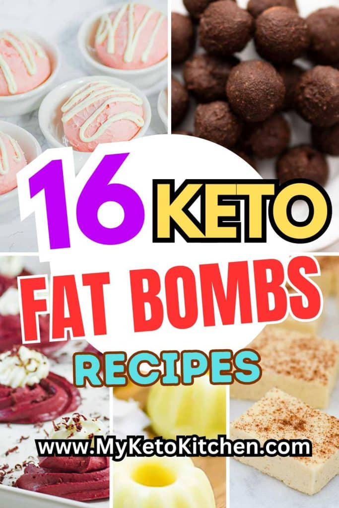 Five images of keto fat bombs. Cheesecake, red velvet, egg nog, chocolate and strawberry fat bombs.