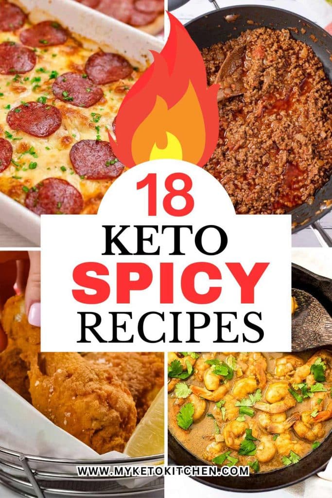 Four spicy keto recipes. Chili, casserole, chicken, and shrimp.