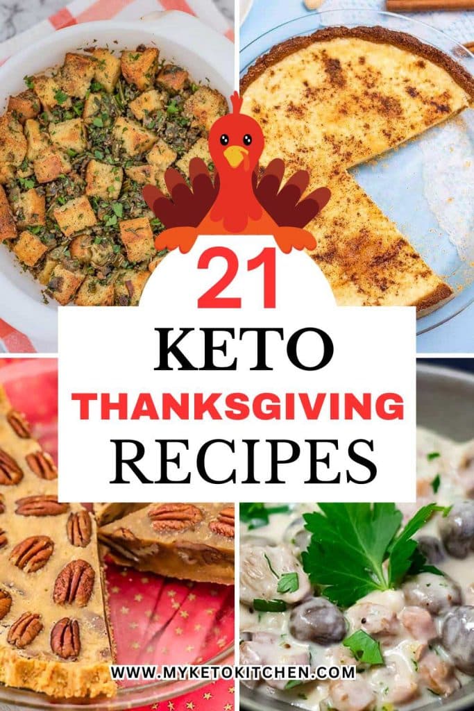 Four images of keto Thanksgiving recipes. Sugar cream pie, pecan pie, keto stuffing and turkey stew.