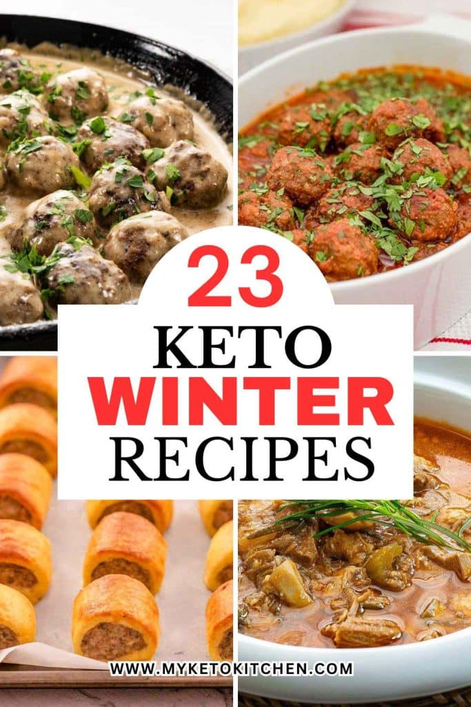 Four images of keto winter recipes. Lamb stew, sausage rools, Moroccan meatballs, and Swedish meatballs.