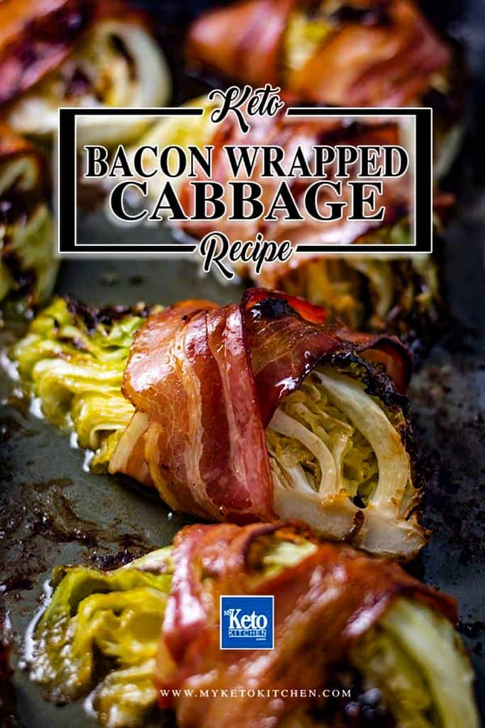 Bacon wrapped cabbage on a baking tray.
